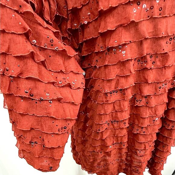 Slinky Brand Womens Top 1X Y2K Burnt Orange Sheer Mesh Sequins Ruffles Layers - Picture 3 of 7